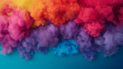 Fototapeta premium Vibrant and colorful clouds of smoke blending in a stunning gradient against a blue background, creating a mesmerizing abstract art piece.