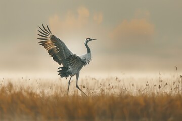 Fototapeta premium A dynamic shot of a common crane dancing in a marshland during mating season.
