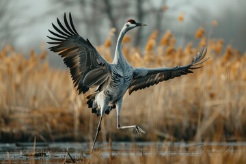 A dynamic shot of a common crane dancing in a marshland during mating season.