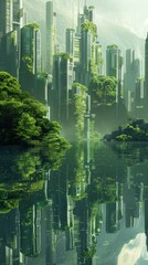Naklejka premium The image portrays a futuristic cityscape with towering skyscrapers overgrown with greenery reflected in a tranquil lake