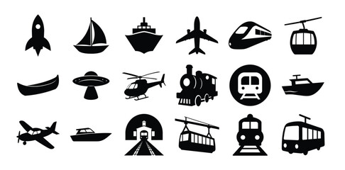 Naklejka premium Set black white icons different types transportation, canoe ufo locomotive helicopter