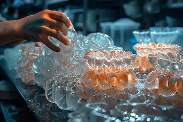 Culinary artist crafting a decorative sugar garnish.