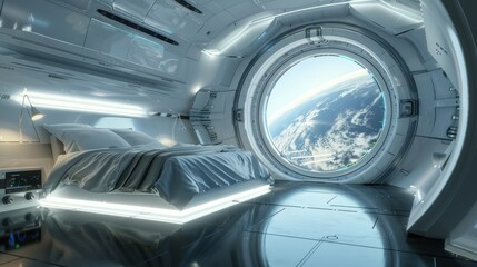 Obraz premium A futuristic spaceship bedroom with a large window showcasing Earth