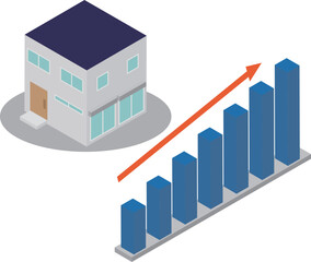 Fototapeta premium アイソメトリックな一戸建て住宅と上昇の棒グラフのイラスト