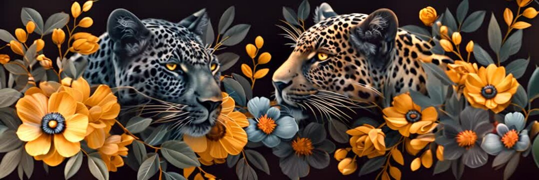Tiger peeking through leaves vector illustration. The tiger hides behind the bushes. In the middle of a tropical rainforest. Cartoon vector pastel forest. Dense forest