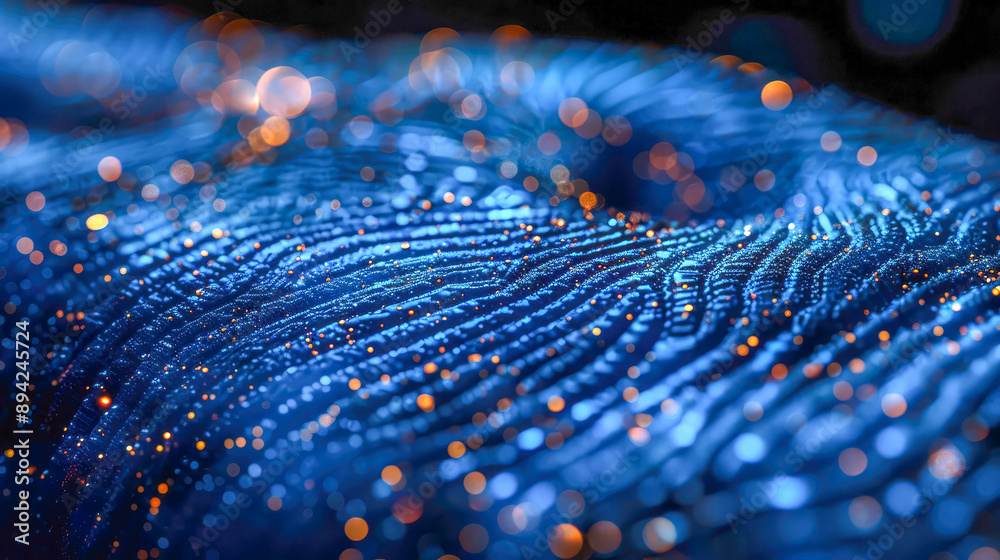 Poster a detailed blue fingerprint pattern with intricate dots and a bokeh effect