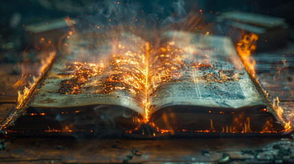 An old book engulfed in flames, with fiery sparks flying