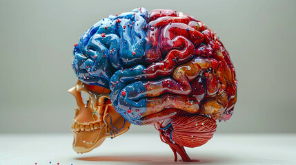A detailed brain glowing with orange neural connections, set against a dark, abstract background
