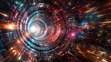 Fototapeta premium A vibrant depiction of a futuristic light tunnel in space, showcasing a whirlwind of colors and sparkling lights.