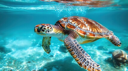 Obraz premium A realistic photo of a sea turtle swimming gracefully in crystal clear ocean waters,