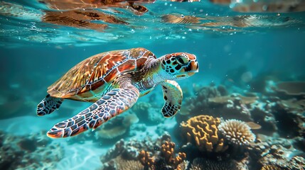 Obraz premium A realistic photo of a sea turtle swimming in the clear waters of a coral atoll