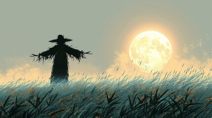Dark silhouette of a scarecrow against a harvest moon, set in a misty field. Minimalist UI in a flat illustration style on a white background with bright Color scheme, dribble, flat Illustration ,
