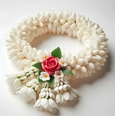 A wreath made of white flowers and a red rose