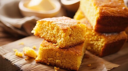 Delicious Homemade Cornbread Slices on Rustic Wooden Board