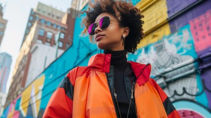 A gender-diverse individual radiates confidence and unique style in a vibrant urban setting.