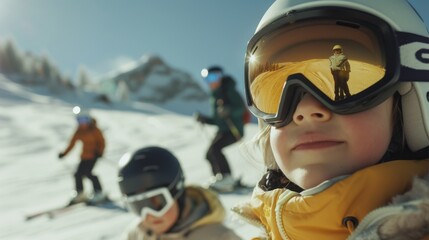 A group of children on a ski slope with adult supervision, enjoying a day out in the snow. They are wearing goggles and ski clothing.