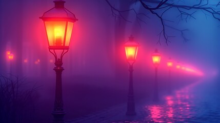 Foggy street at night with vintage gas lamps casting eerie shadows. Minimalist UI in a flat illustration style on a white background with bright Color scheme, dribble, flat Illustration , Minimalism,