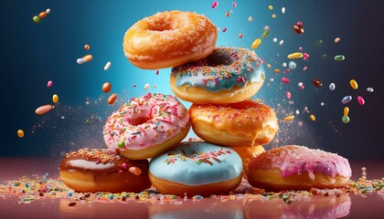 A cascade of donuts in various flavors and colors, tumbling through the air, their sprinkles 