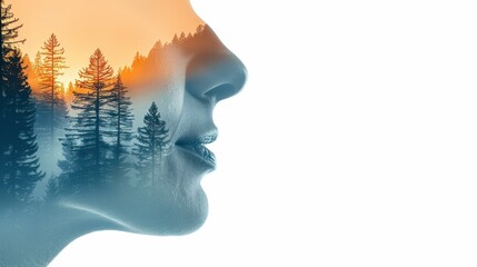 A serene double exposure blends a mans face with a tranquil forest, symbolizing inner peace and natures embrace.