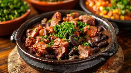 Fototapeta premium Delicious Hearty Bean and Meat Stew Served with Fresh Greens