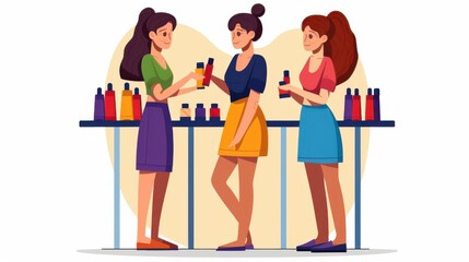 A vibrant cosmetic review illustration, showcasing tools and products used by beauty vloggers in a stylish flat design.
