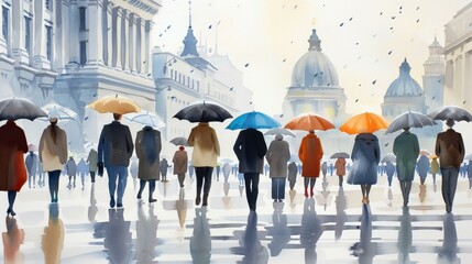 Obraz premium A soft watercolor street scene with gentle hues and delicate brushstrokes, beautifully isolated on a white background.