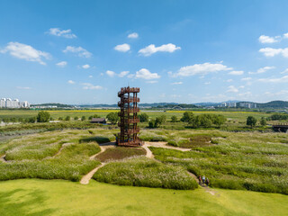 Fototapeta premium Aerial and summer view of observatory with silver grass and trail at Gaetgol Ecological Park near Siheung-si, South Korea 