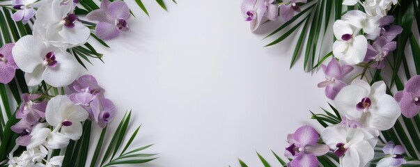 Obraz premium White and purple orchids with green leaves frame a white background.