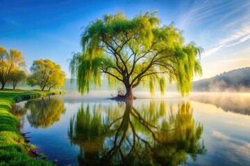 Serene landscape featuring lone willow tree with drooping branches, surrounded by tranquil misty lake and vibrant greenery, evoking sense of peacefulness and calm.