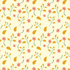 Seamless floral pattern design. Small blooming flowers and leaves scattered over background.