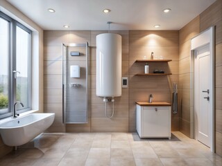 Modern water heater unit installed in a sleek, minimalist bathroom, providing an efficient and eco-friendly alternative for hot water supply in a private residence.