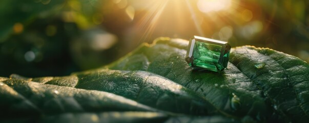 Close-up of a green gemstone resting on a leaf in sunlight.