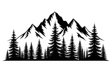 Fototapeta premium Stunning black silhouette of rugged mountains and fir trees against a crisp white background, ideal for outdoor adventure logos and wildlife landscape illustrations.