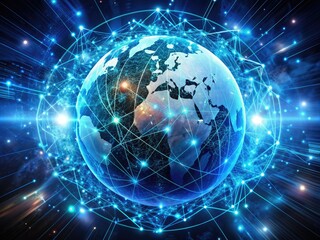Obraz premium Global connectivity illustration featuring a futuristic glowing blue world globe surrounded by intricate networks of sparkling circuits and fibers, representing digital advancements.