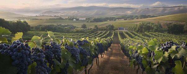 Fototapeta premium Vineyard with rows of grapes ready for harvest.
