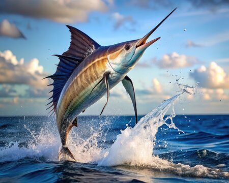  sailfish leaping out of the water, chasing after its prey. The sail fish is seen in mid-ai