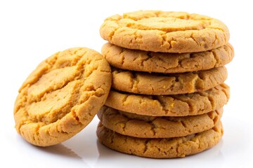 Freshly baked stack of soft and chewy peanut butter cookies with golden brown edges placed on a clean white background, tempting the viewer.