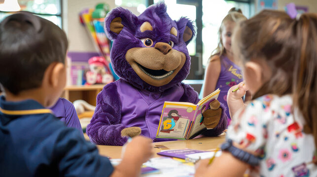 Financial institution mascot entertaining children while they learn about saving money