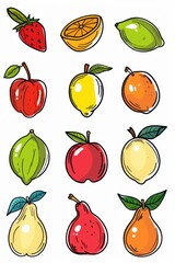 A cartoon style illustration of various fruits with their leaves.