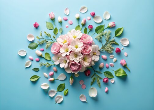 Delicate floral petals and leaves form a brain shape on a serene blue background, symbolizing the importance of nurturing mental health and emotional well-being.