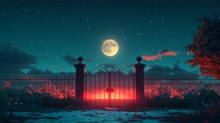 Fototapeta premium Sinister shadow cast by a wrought-iron gate in a moonlit garden. Minimalist UI in a flat illustration style on a white background with bright Color scheme, dribble, flat Illustration , Minimalism,
