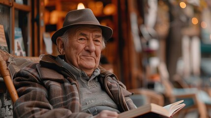 Senior engaging in hobbies and interactions, leisure travel concept, editorial advertising photography, joyful and engaging setting, empty copy space for text on side