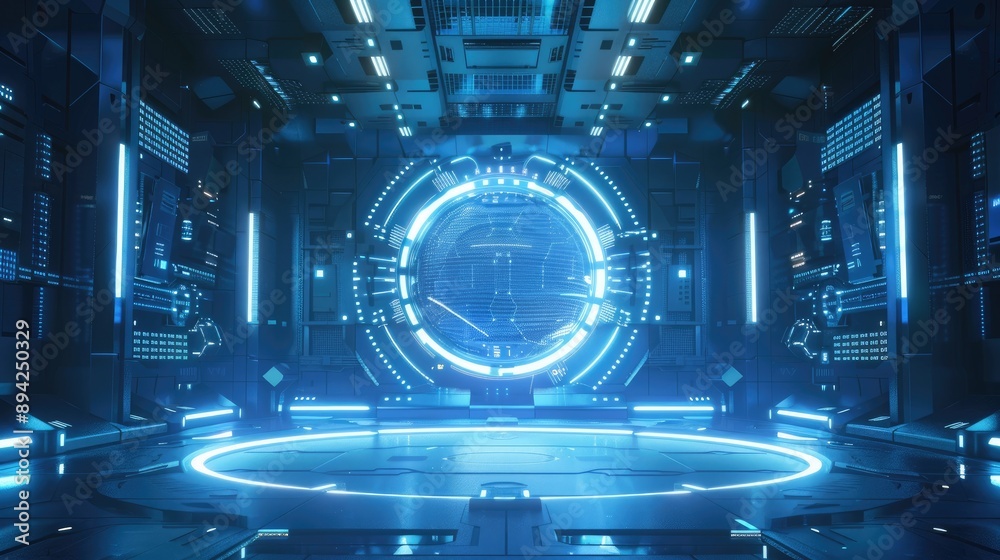 Poster abstract blue hi-tech stage display background with futuristic elements, empty space scene perfect f