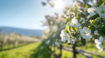 Obraz premium Closeup of apple blossoms in spring with sun shining through branches.