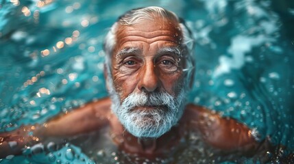 Fototapeta premium Wellness concept featuring an elder swimming in a calm setting, editorial advertising photography, peaceful and serene atmosphere, empty copy space for text on side