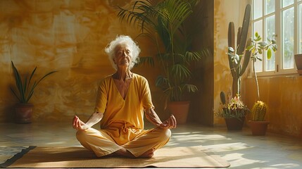 Wellness concept featuring an elderly person having fun with fitness, editorial advertising photography, bright and active environment, empty copy space for text on side