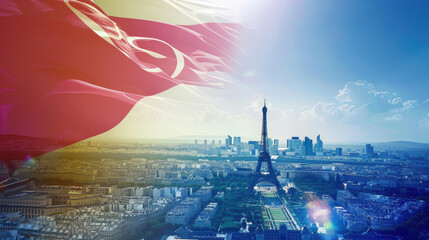 Obraz premium French flag with the Summer Olympics 2024 logo and the Eiffel Tower in the background, panoramic view of Paris