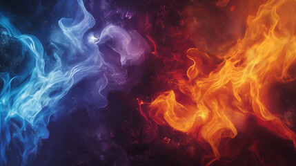 Fototapeta premium A vibrant and dynamic interplay of colors and forms. On the left, there's a swirling pattern of blue and purple hues, reminiscent of a mystical or otherworldly atmosphere