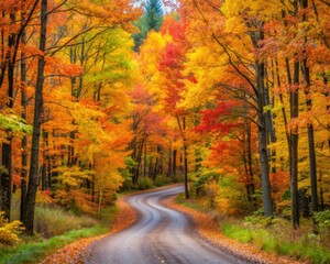 Winding forest service road lined with vibrant orange, yellow, and red maple trees stretches through a serene northern Wisconsin woodland in peak autumn.