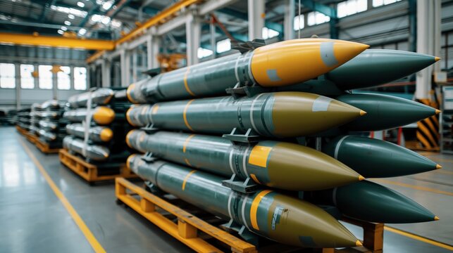 Stack of missiles stored on racks in an industrial warehouse or manufacturing facility with an overhead crane visible in the background.